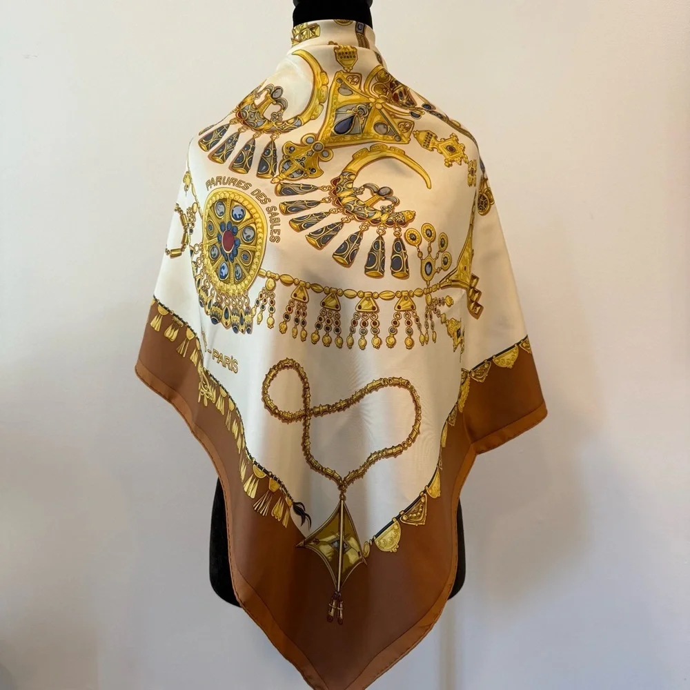 Hermès Paris Brown and Gold Silk Scarf